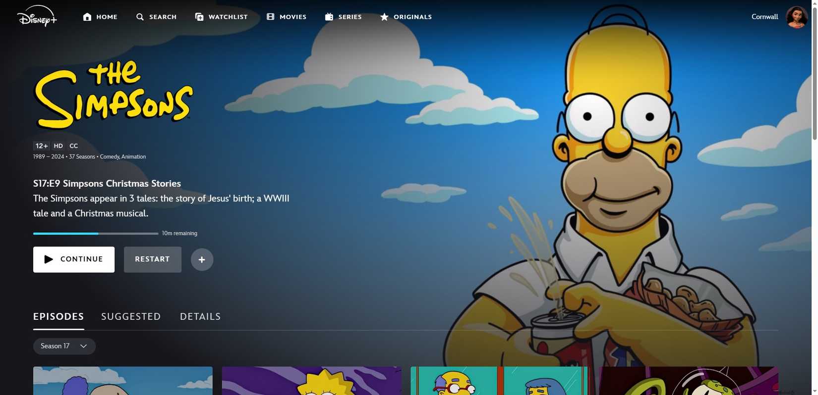 صفحة عرض مسلسل عائلة سمبسون على ديزني بلس.