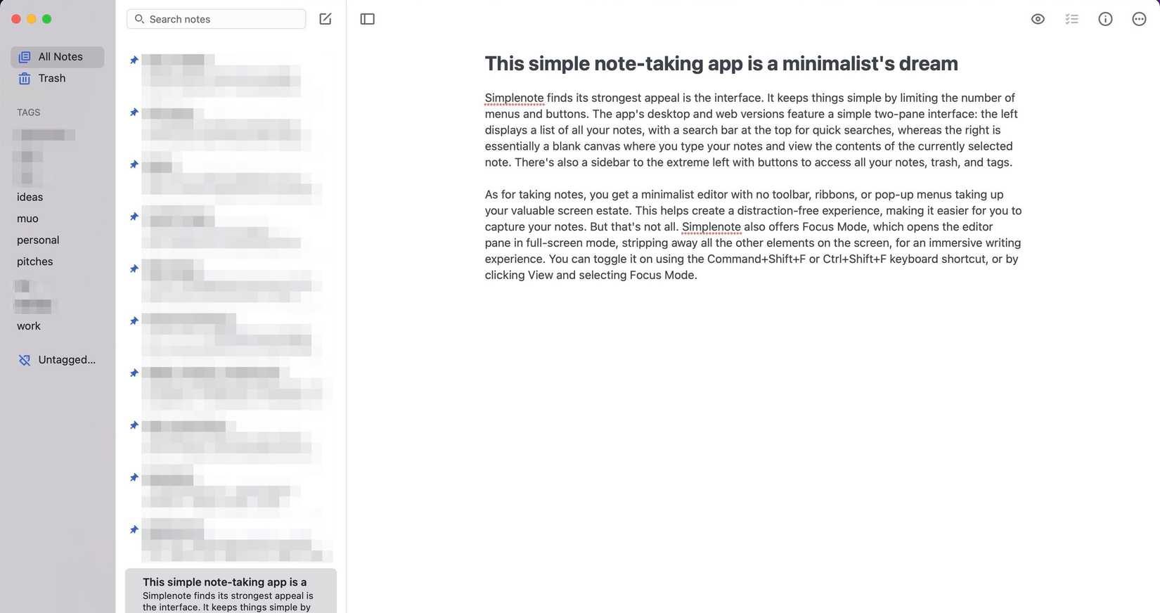 Left sidebar in macOS Simplenote app showing a list of existing tags.