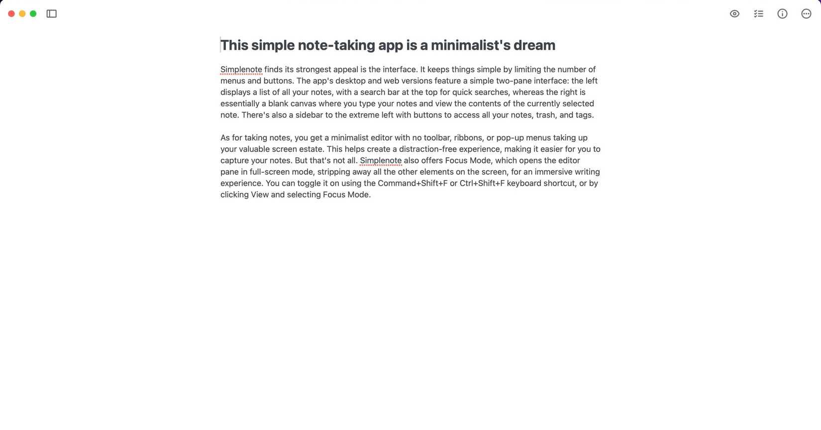 A note open in Focus Mode in the Simplenote app on a MacBook.