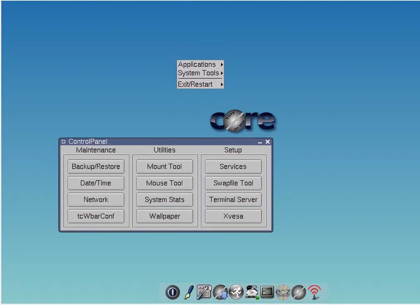 tiny core linux showing control panel.
