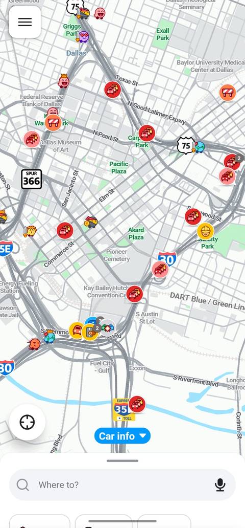 Traffic in Dallas Texas, shown in Waze