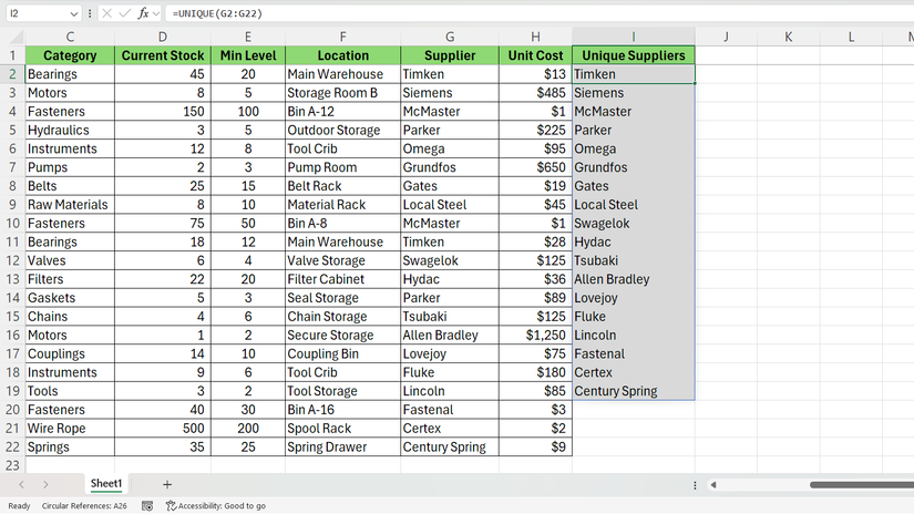 دالة UNIQUE في Excel تعرض موردين فريدين.