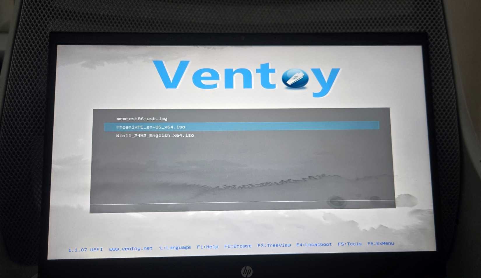 Ventoy Boot menu on a HP Pavillion laptop