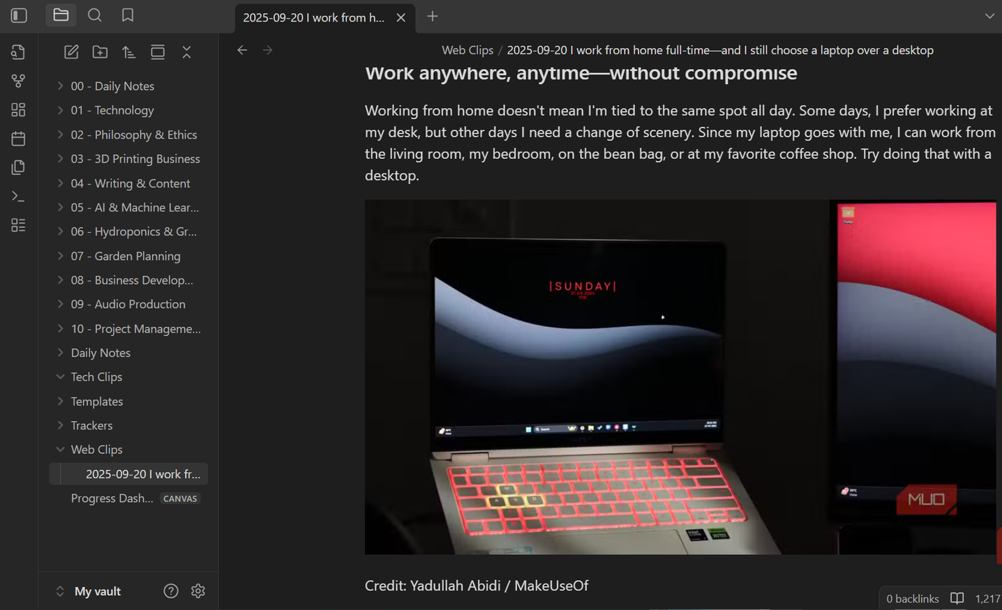 Viewing clipped article in Obsidian