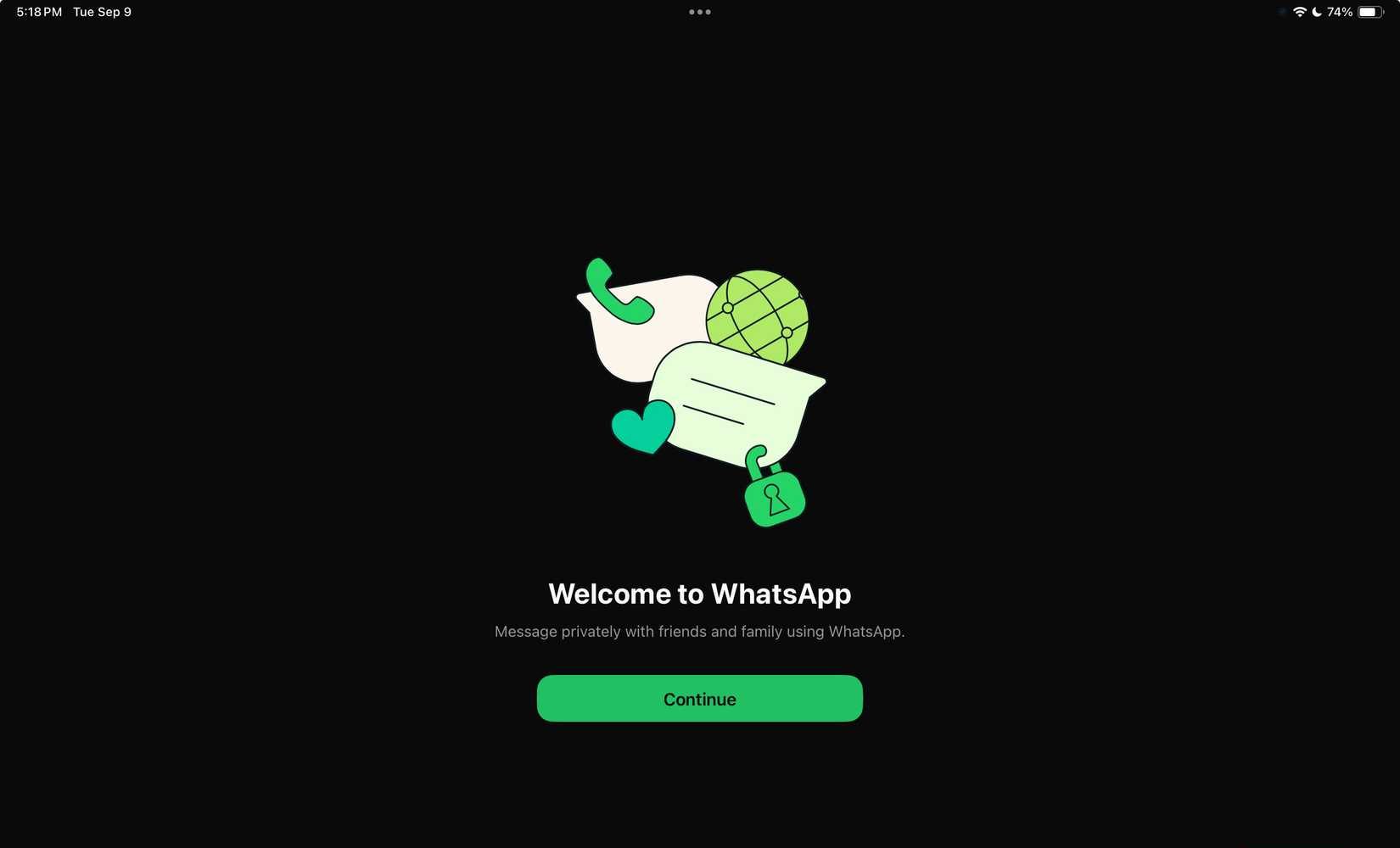 تطبيق WhatsApp على جهاز iPad يعرض صفحة الترحيب