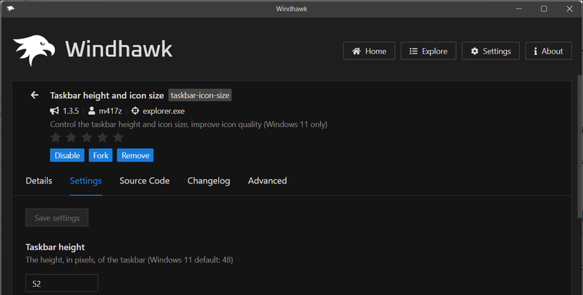 تعديل ارتفاع شريط المهام وحجم الأيقونات باستخدام Windhawk