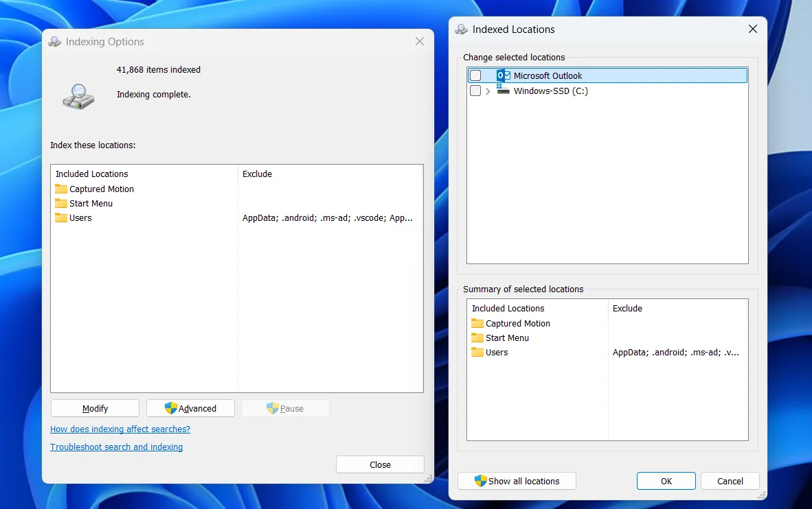 إعدادات فهرسة Windows 11