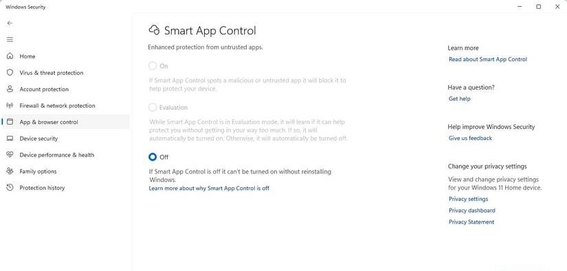 إعدادات التحكم الذكي في التطبيقات في Windows 11