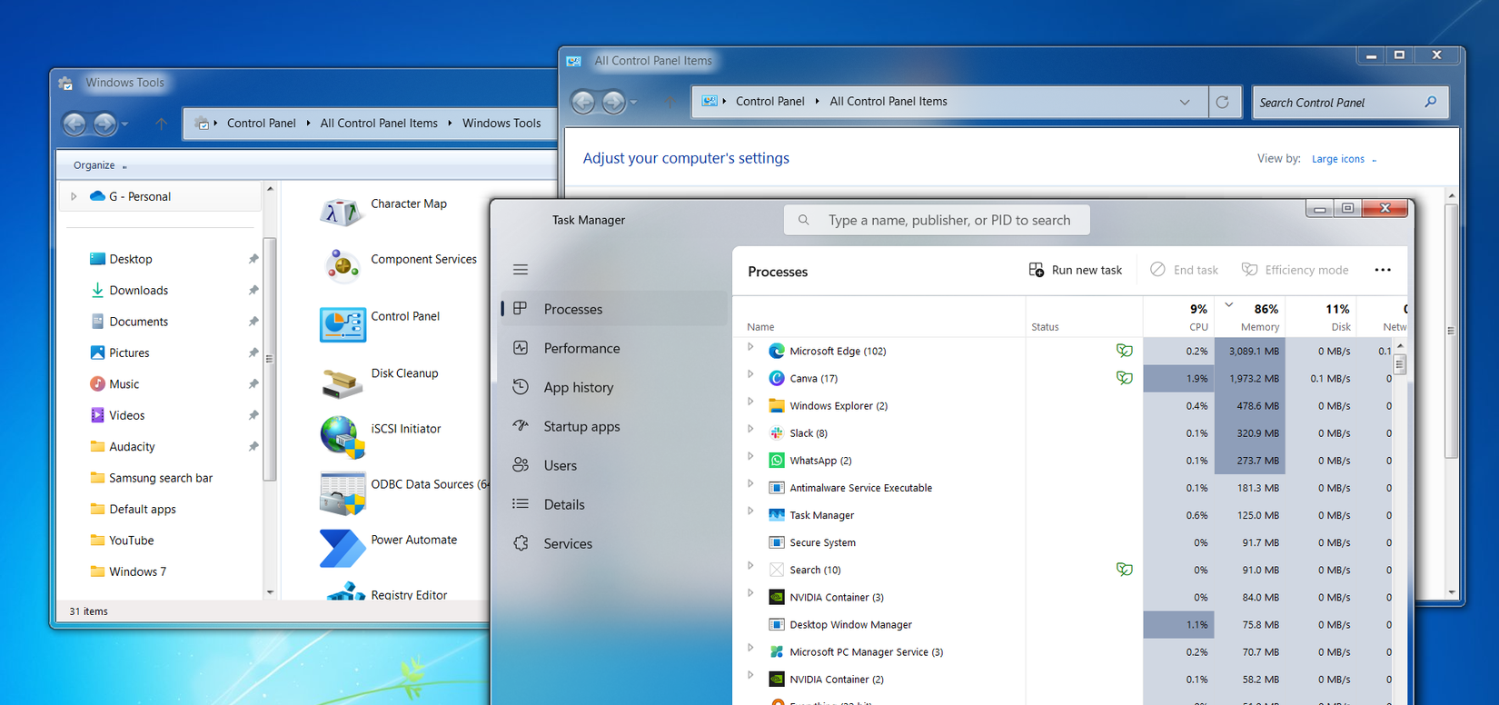 Windows 7 desktop with Control Panel and Task Manager open