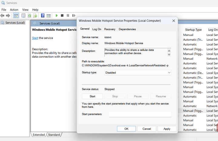 Windows Mobile Hotspot Service properties