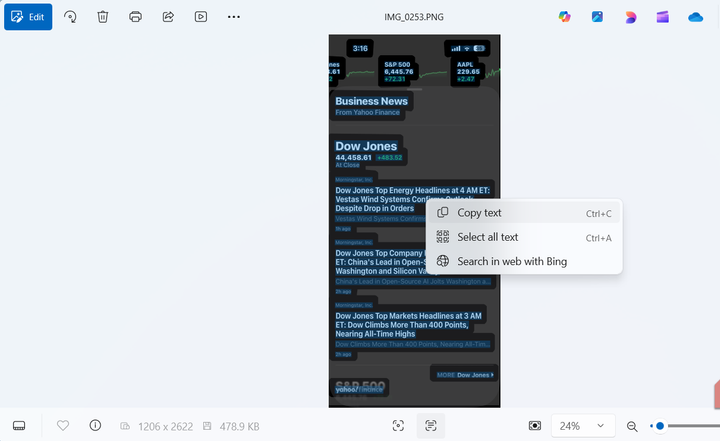 تطبيق صور Windows يقوم بمسح نص من لقطة شاشة