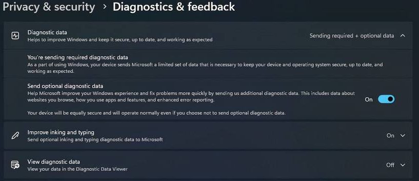 صفحة التشخيصات والملاحظات في إعدادات Windows 11