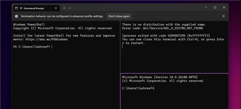 Windows Terminal يعرض PowerShell و Command Prompt ومخرجات أخطاء WSL في أجزاء مقسمة