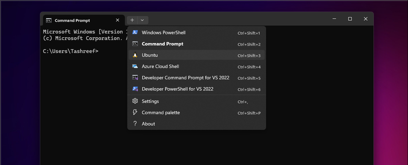 واجهة Windows Terminal تعرض خيارات واجهة متعددة بما في ذلك Command Prompt و PowerShell و Ubuntu و Azure Cloud Shell