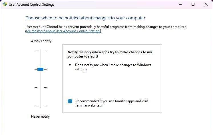 إعدادات التحكم في حساب المستخدم في Windows