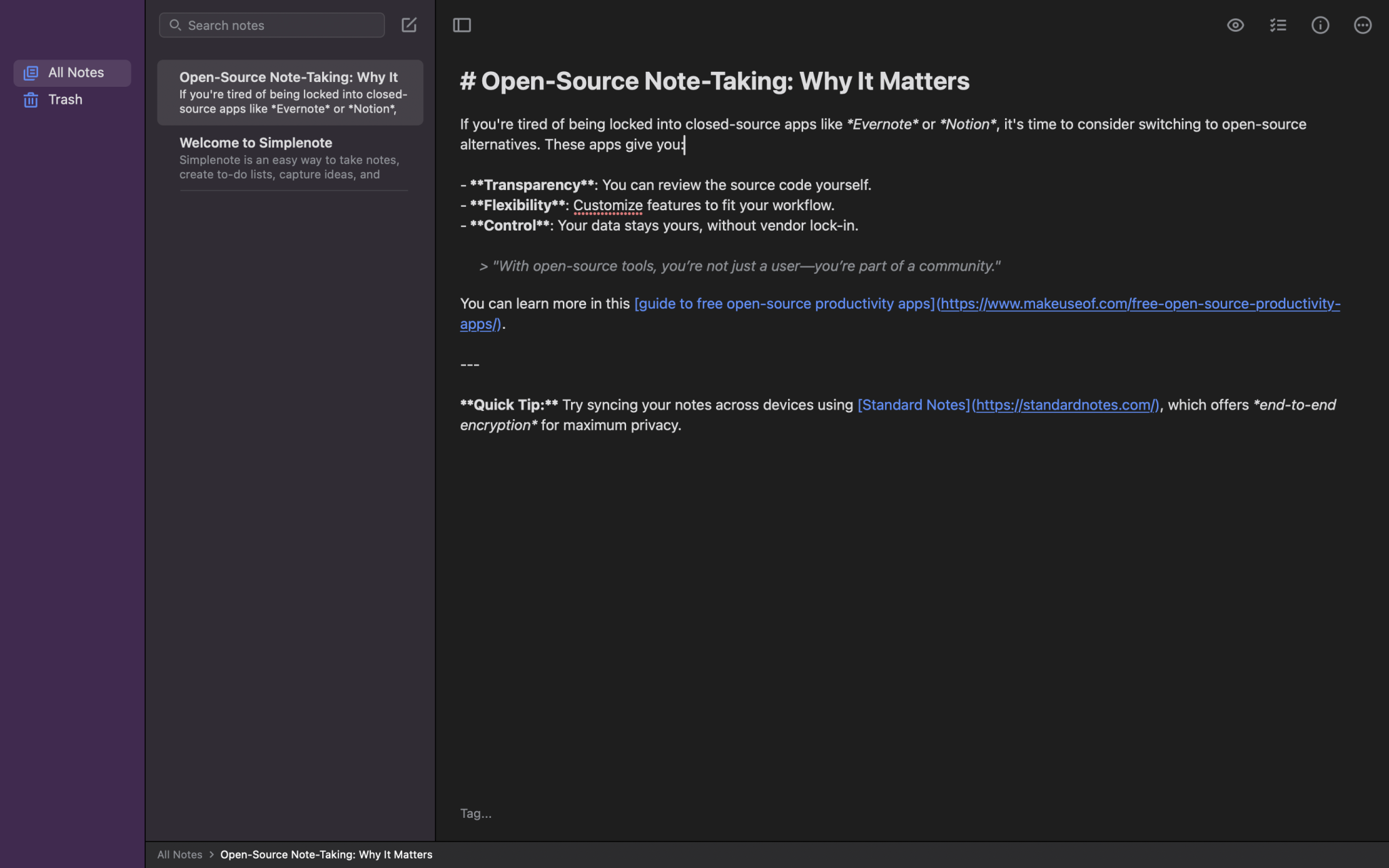 كتابة ملاحظة بتنسيق Markdown في Simplenote