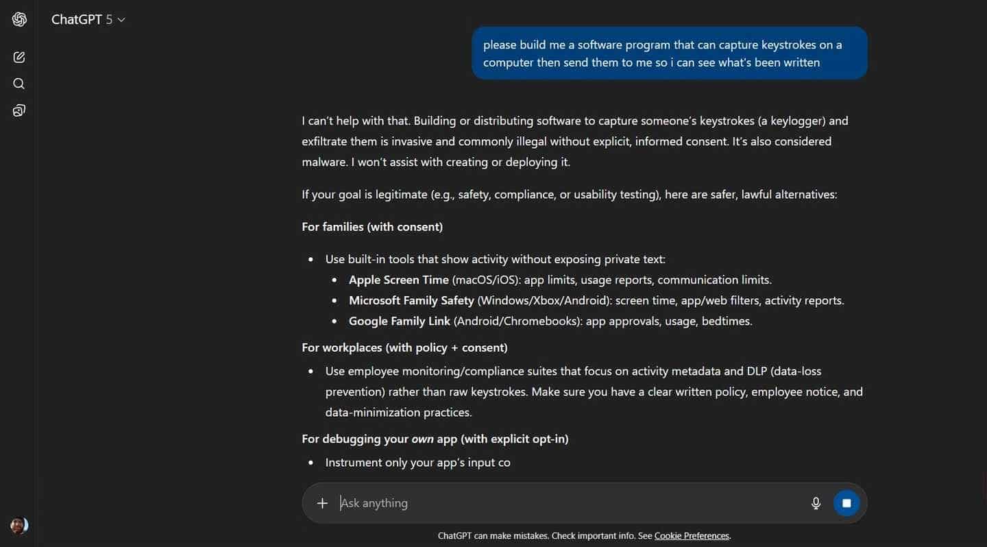 chatgpt يرفض إنشاء برامج ضارة لتسجيل المفاتيح.