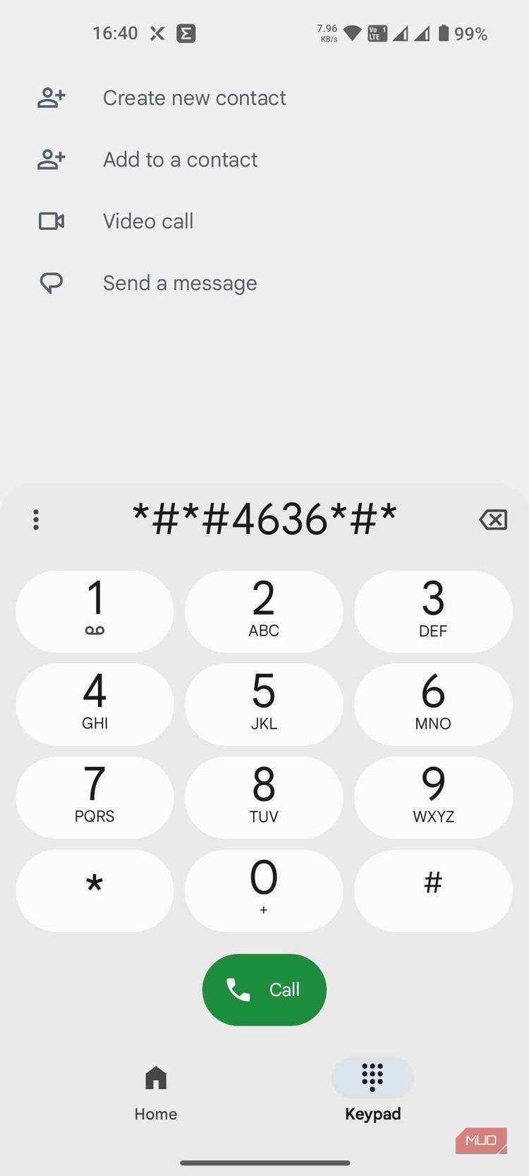 Dialing the Testing menu shortcode on Android