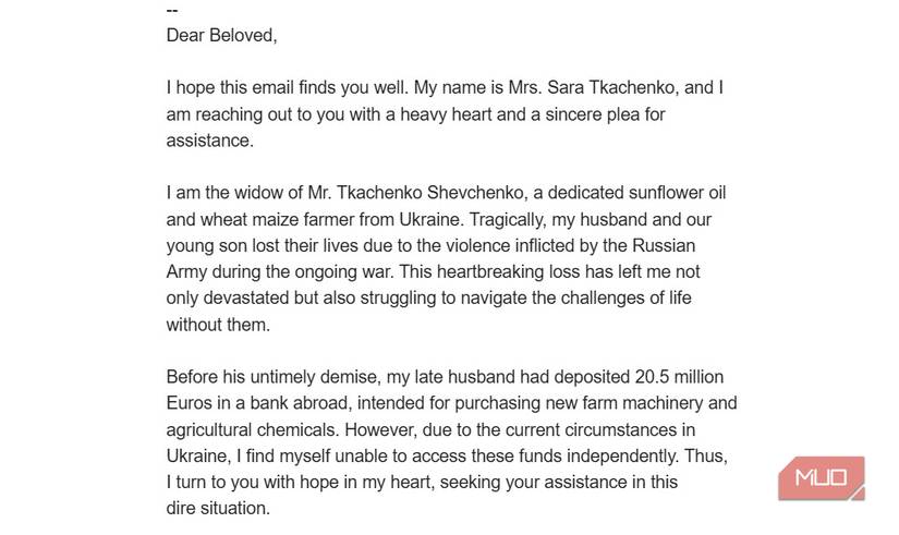 رسالة بريد إلكتروني احتيالية تدعي أنها من أرملة حرب أوكرانية.