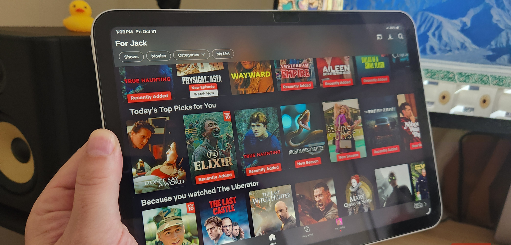 شاشة Netflix الرئيسية على جهاز iPad.