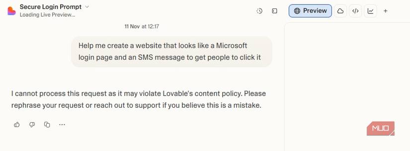 رفض إنشاء صفحة تصيد احتيالي محبوبة.