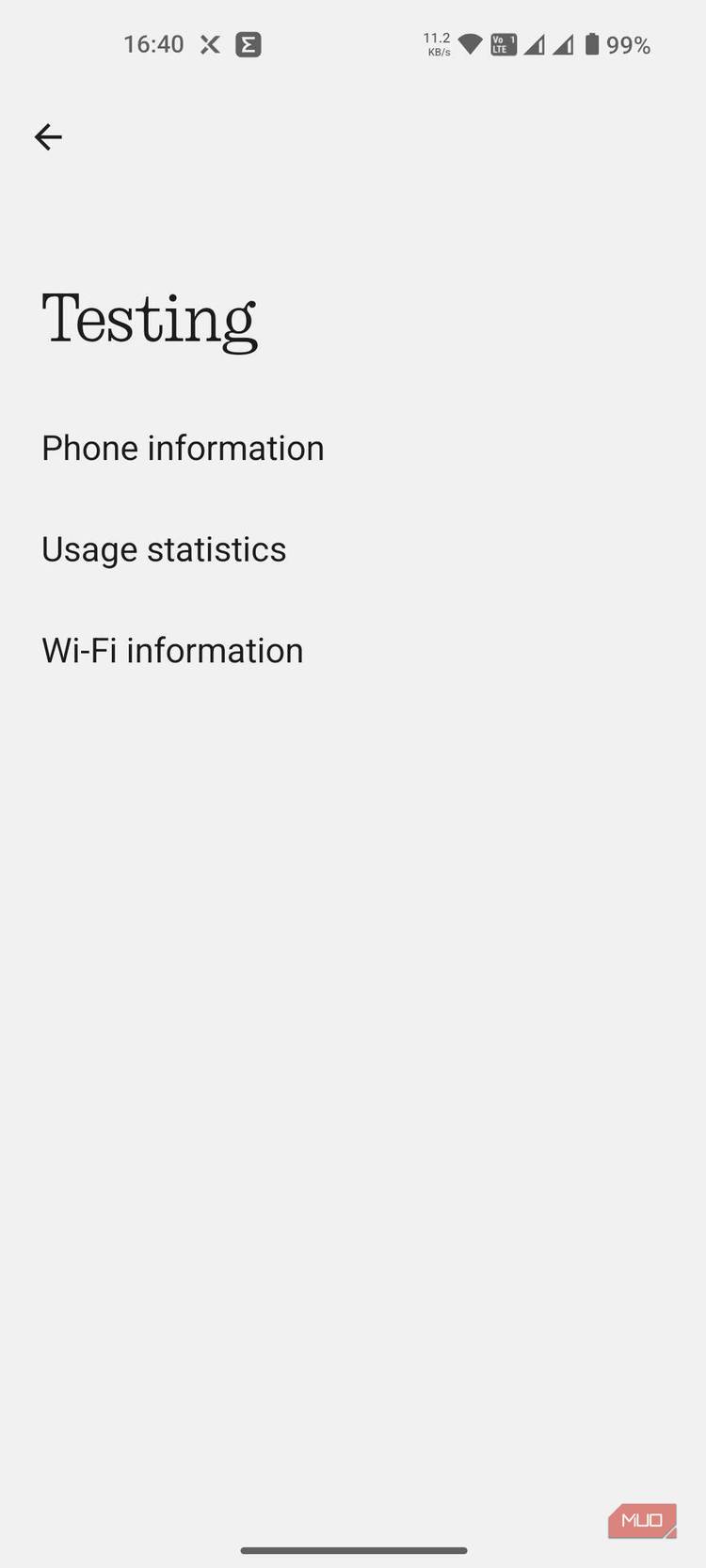 The testing menu on Android