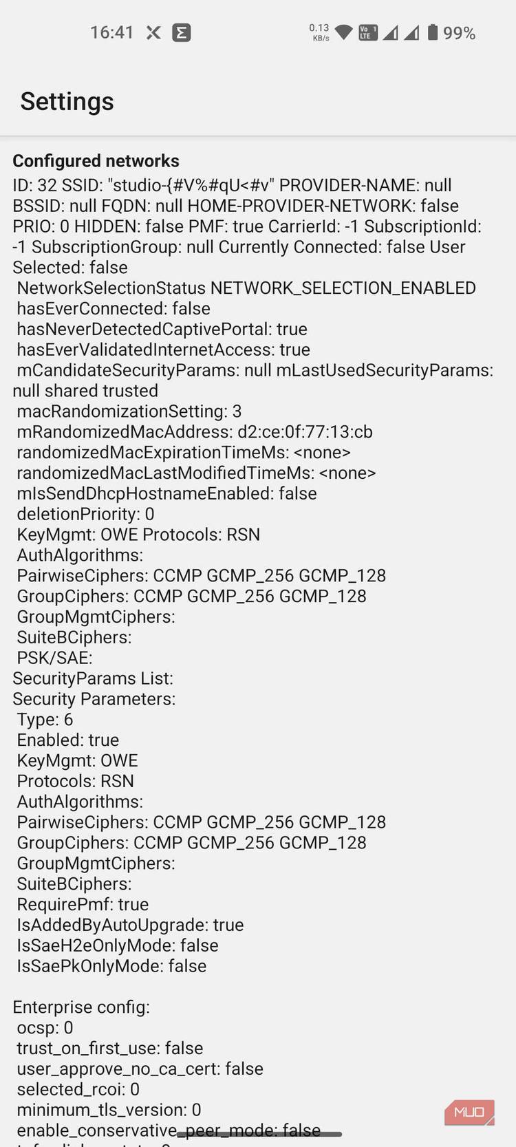 WiFi information in the Android Testing Menu