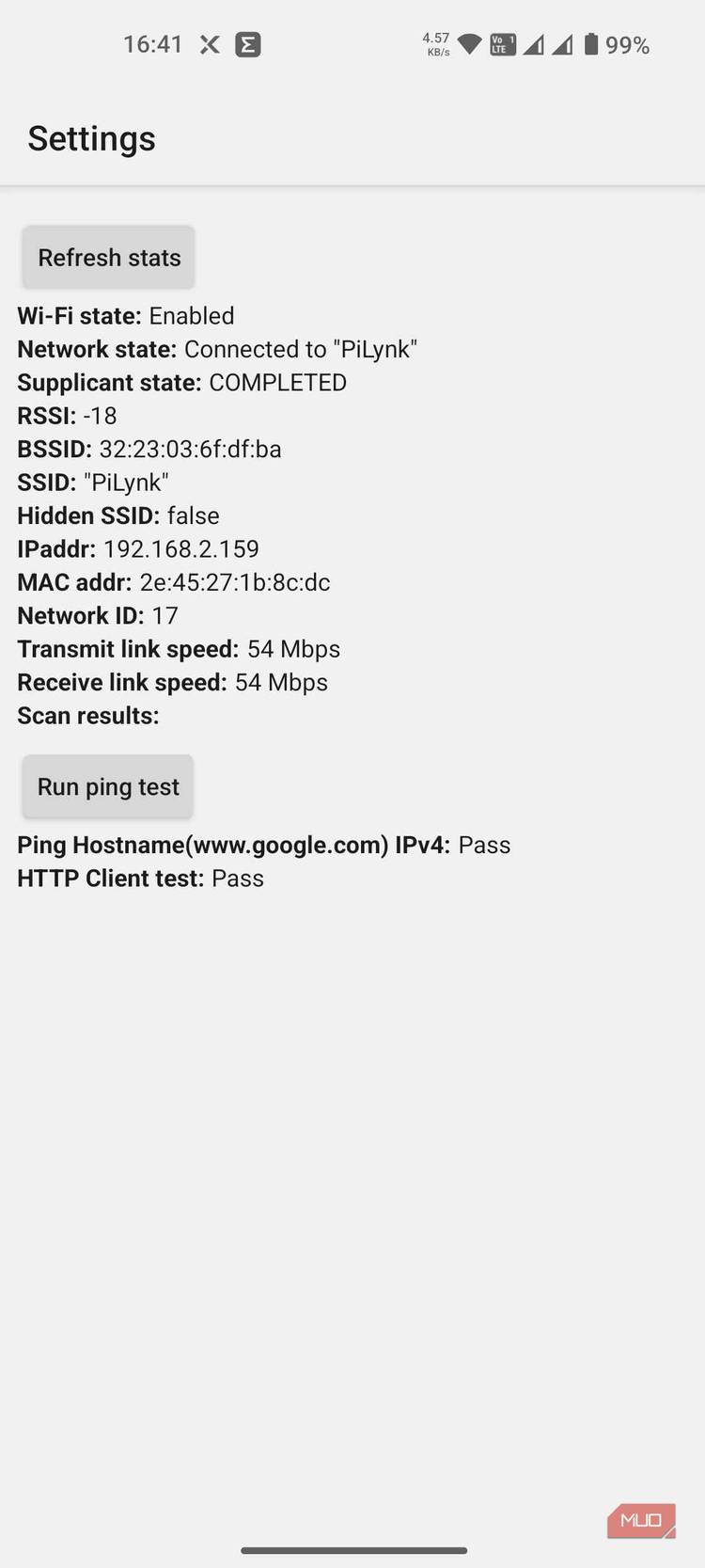 WiFi settings in the Android Testing menu