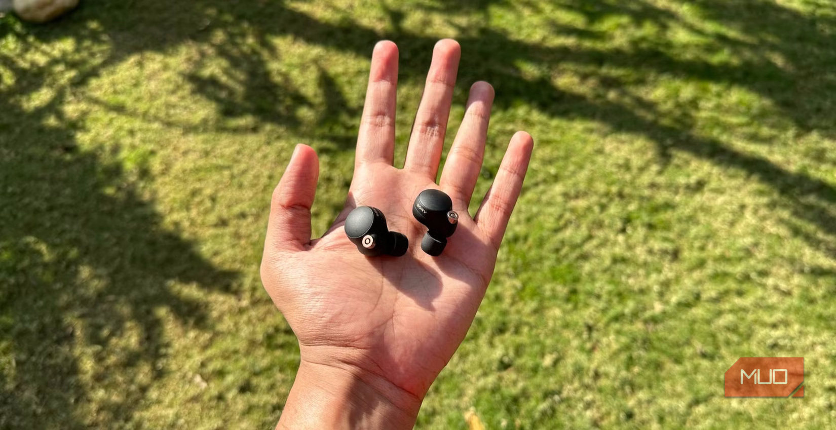 A hand holding out a pair of earbuds in the sun.