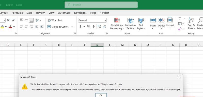 خطأ يشير إلى أن Flash Fill لم يعثر على نمط في Excel