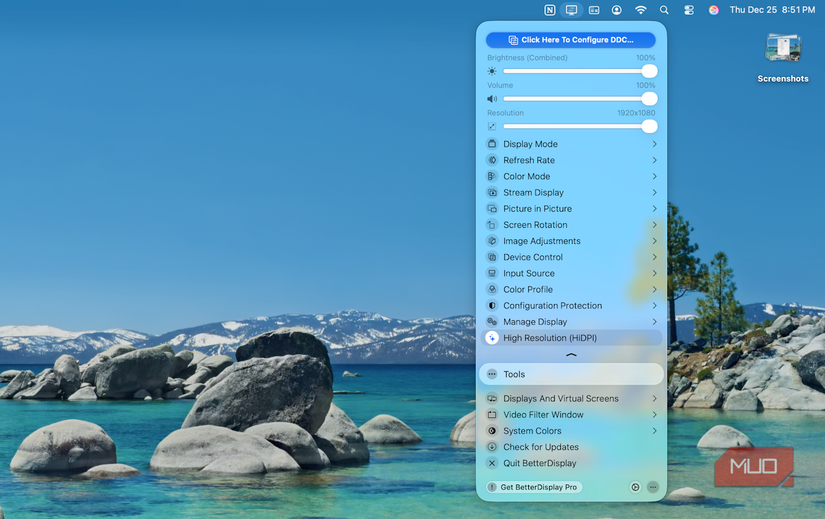 إعدادات BetterDisplay HiDPI على macOS