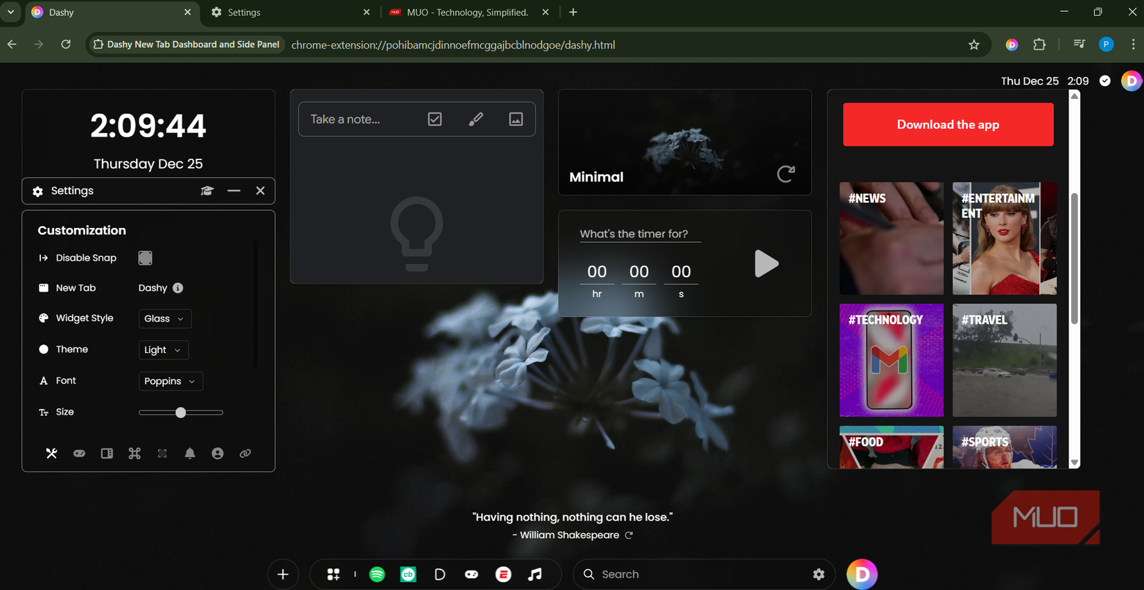 خيارات تخصيص Dashy في Chrome