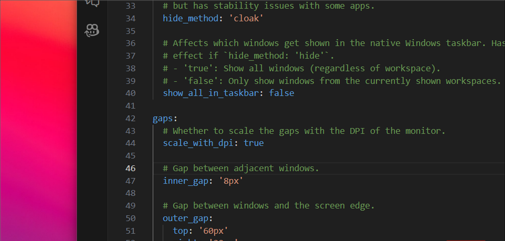 تحرير ملف YAML الخاص بتكوين GlazeWM في Visual Studio