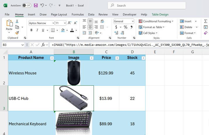 جدول Excel يعرض صورًا للمخزون باستخدام دالة IMAGE.