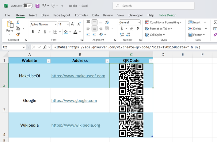 جدول Excel يعرض رموز QR لمواقع الويب باستخدام دالة IMAGE.