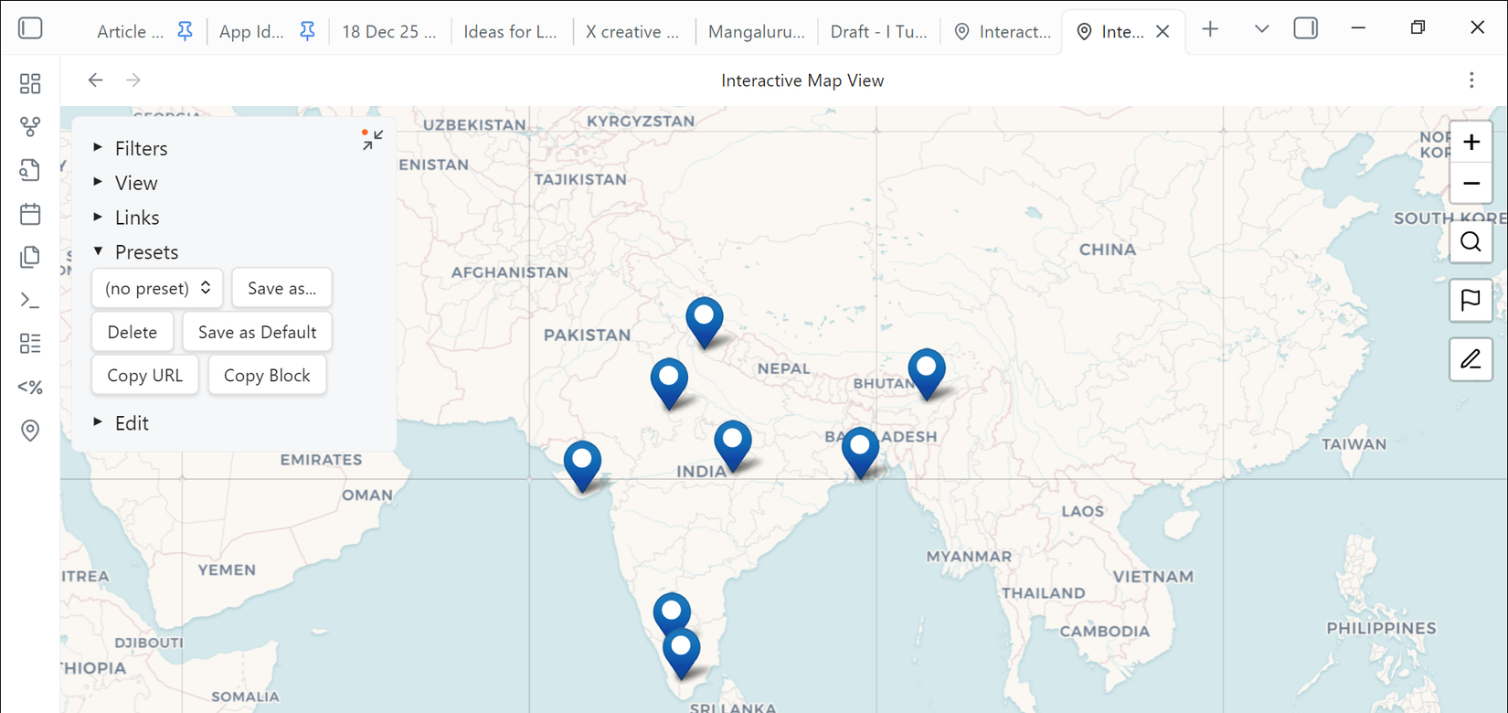 عرض خريطة المتنزهات الوطنية الهندية في Obsidian