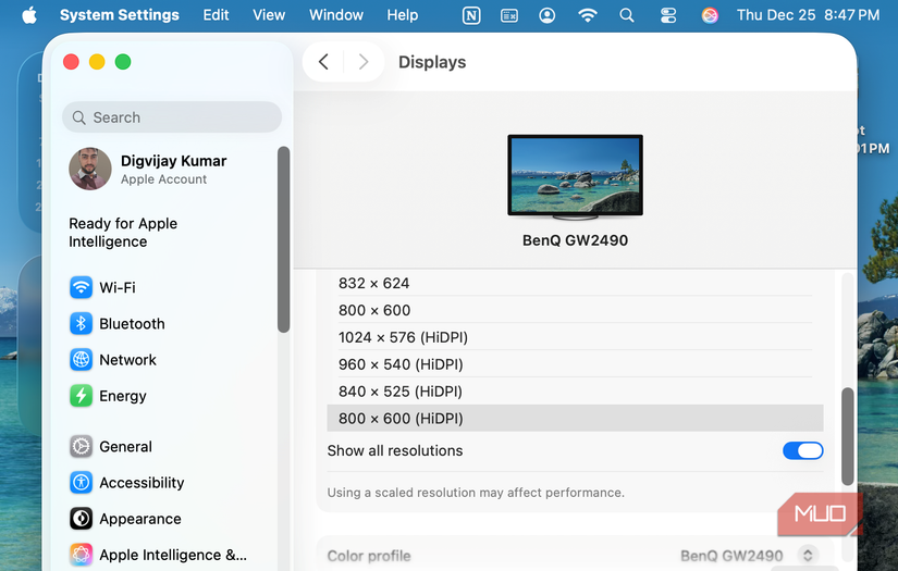 إعدادات عرض macOS تُظهر دقات HiDPI