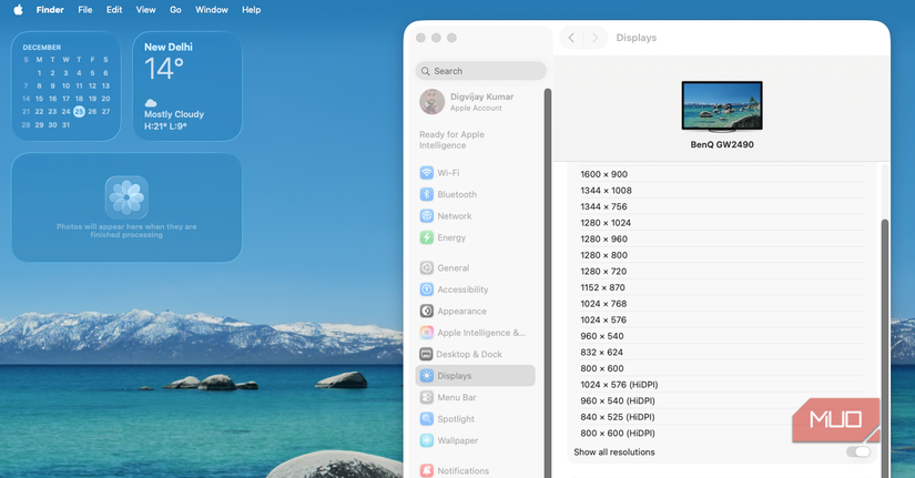 إعدادات عرض macOS مع قائمة الدقة الكاملة