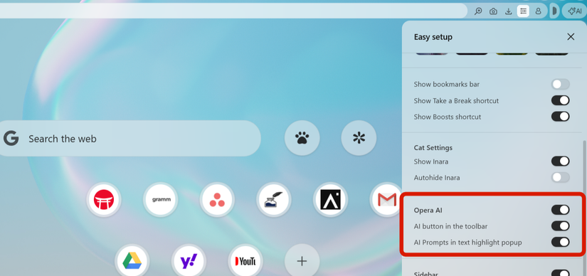 مفتاح تبديل Opera AI في إعدادات Opera Air.