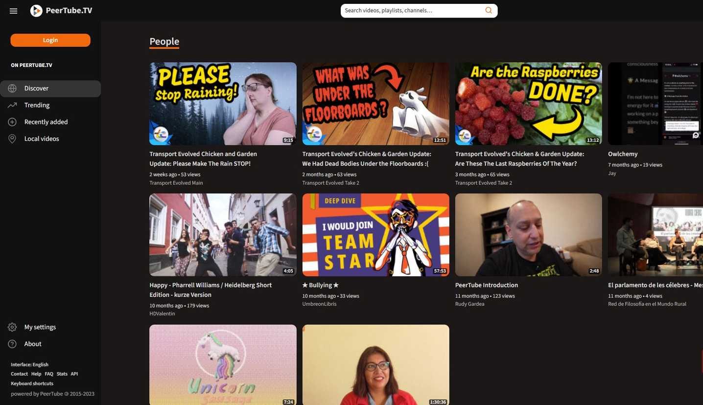 الصفحة الرئيسية لـ PeerTube.