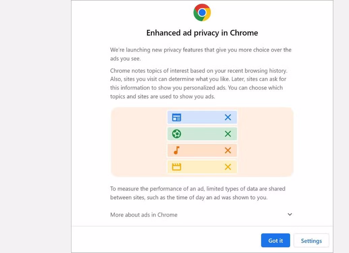 Privacy sandbox alert on Chrome.