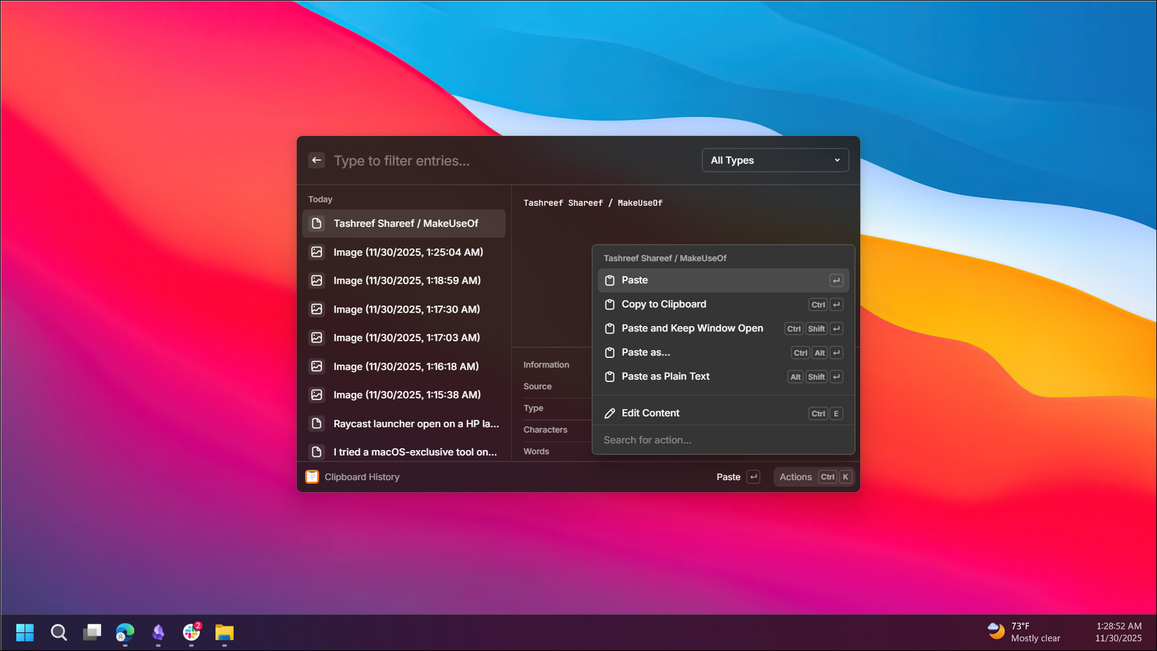 مشغل تطبيق رايكاست مفتوح مع قائمة إجراءات سياق سجل الحافظة في نتيجة البحث