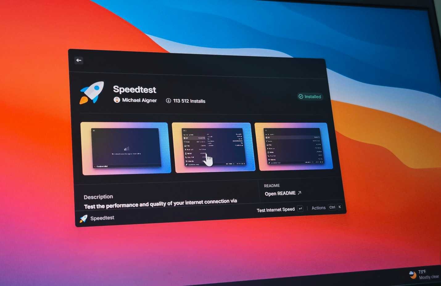 Raycast speed test extension open on a HP laptop