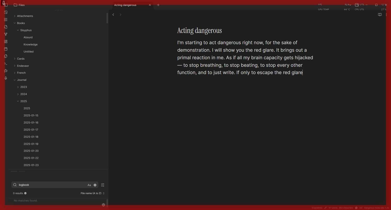 وهج أحمر في ملاحظة Obsidian مع وضع Dangerous Mode