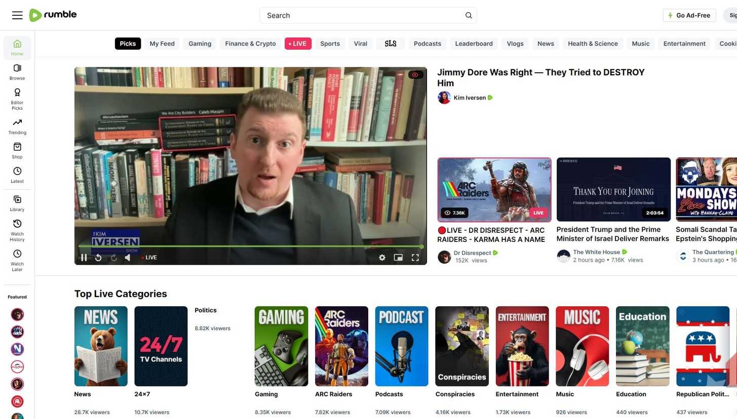الصفحة الرئيسية لـ Rumble.