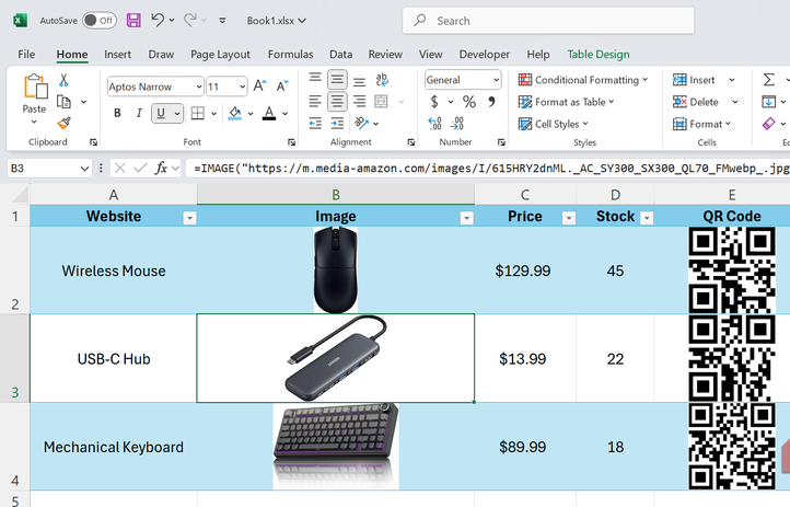 جدول يعرض الصور ورموز QR للمخزون باستخدام دالة IMAGE.