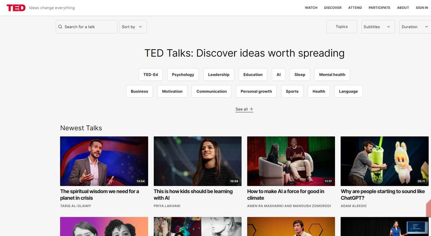 الصفحة الرئيسية لـ TED Talks 2025.