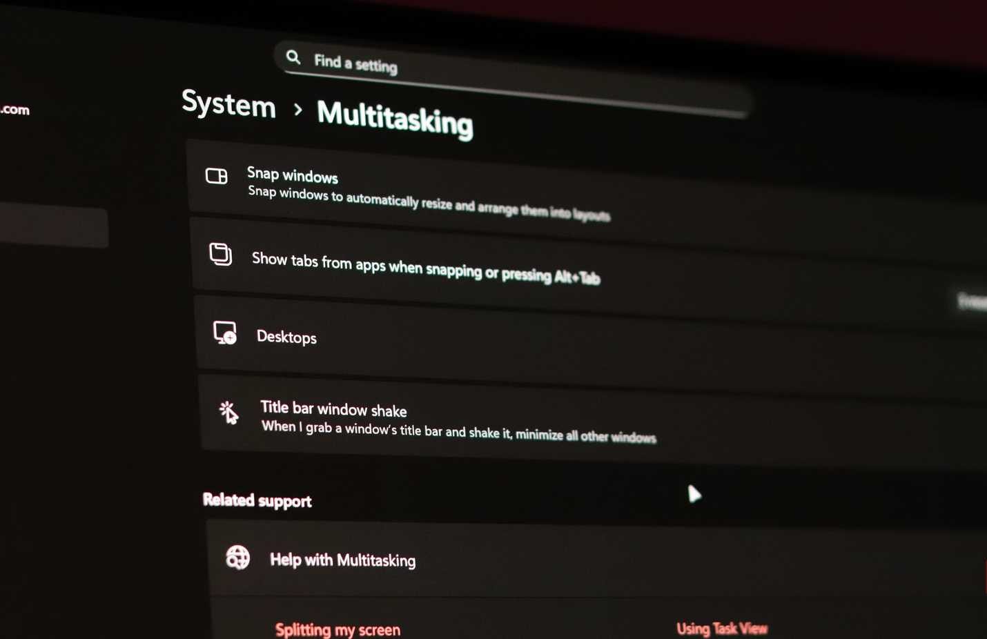 Title bar window shake setting in Windows 11.