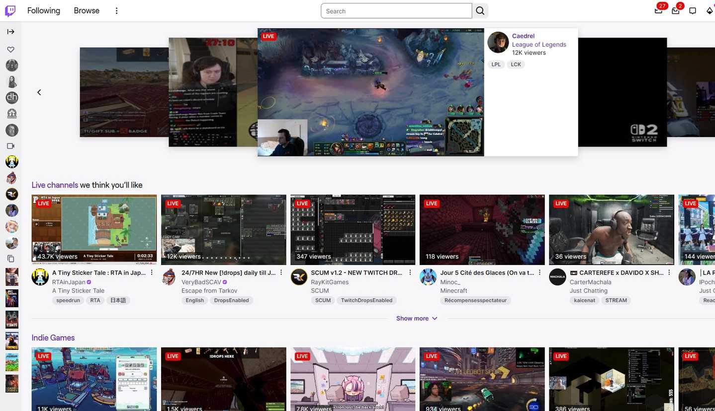 الصفحة الرئيسية لـ Twitch.