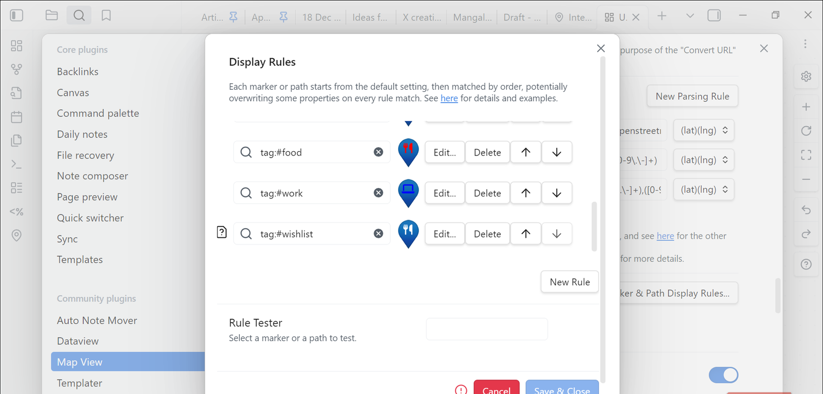 استخدام العلامات في إضافة Map View لـ Obsidian